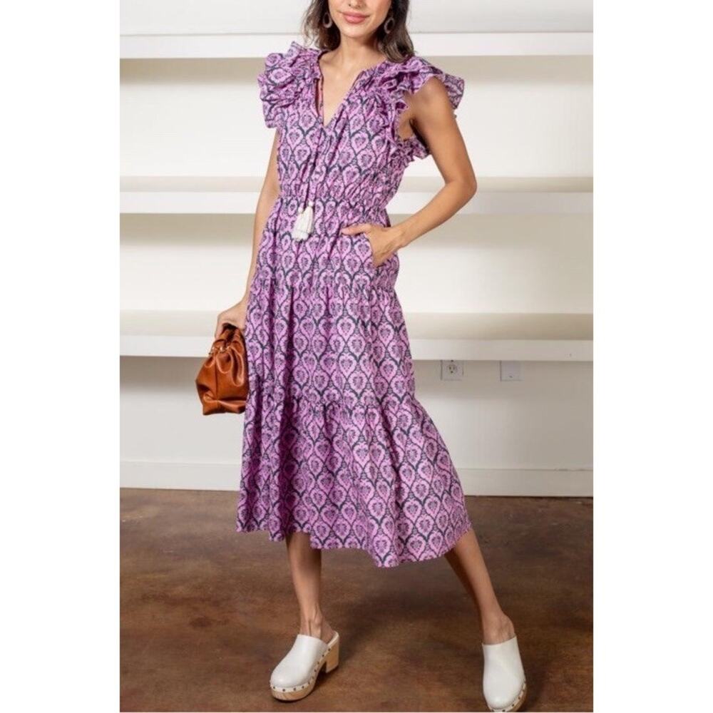 THML Pink Black Printed Ruffle Sleeve Midi Dress Boho Cottagecore